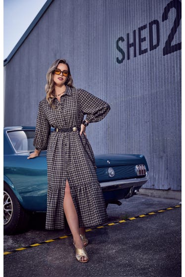 checked shirt dress Mystree Washed Ivory Plaid Shirt Dress with Rolled Sleeves