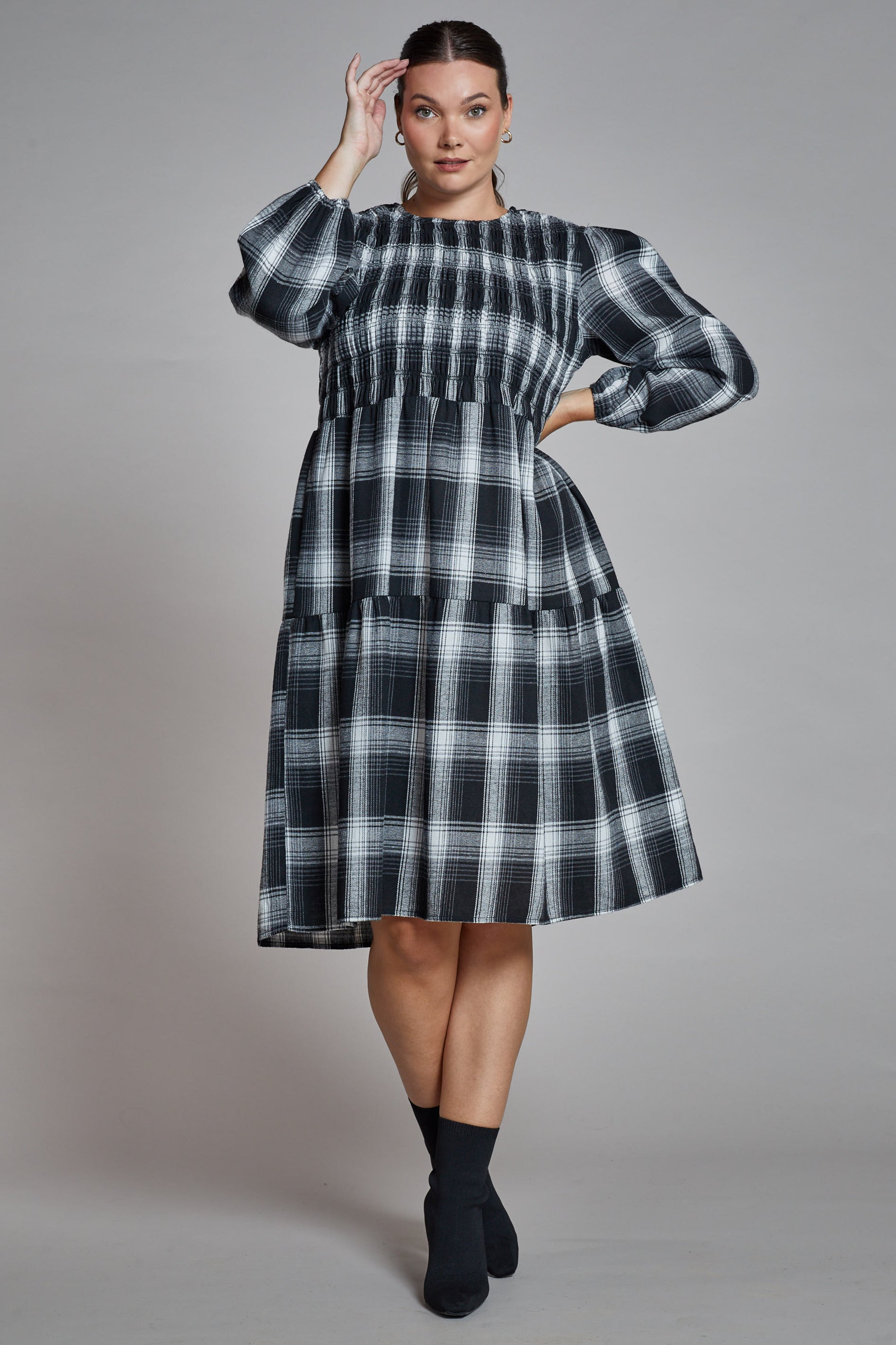 Alina Check Shirred Bodice Dress in BLKWHITE | DRESSES